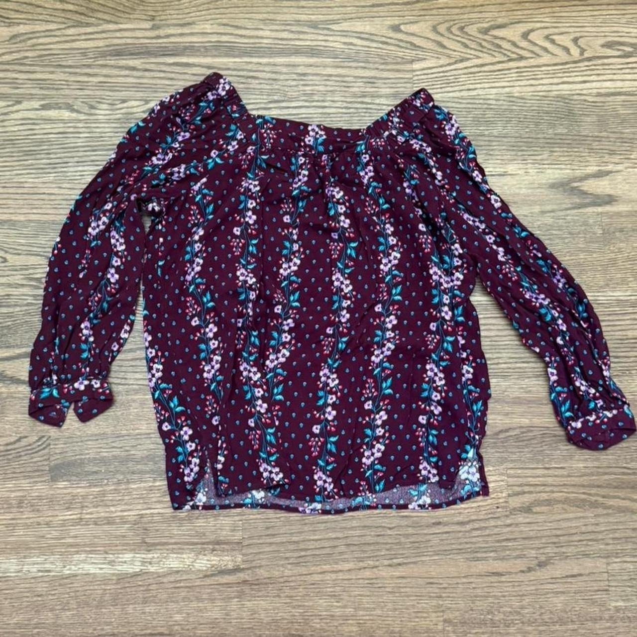 Old Navy Burgundy Floral Long Sleeve Blouse With White And Teal Floral Stripes